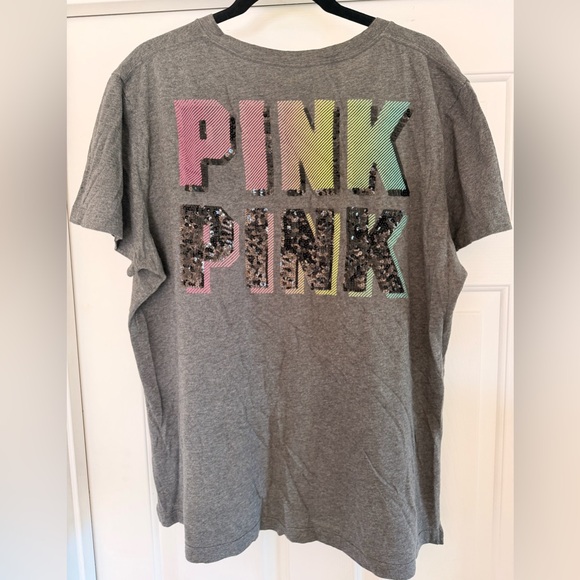 PINK Victoria's Secret Other - PINK Victoria's Secret Gray Tee with Pastel Letters and Black Sequins Size L